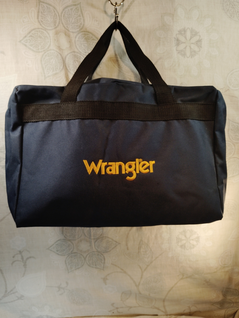 Wrangler Navy Blue Duffel Bag with Gold Logo & Black Handles